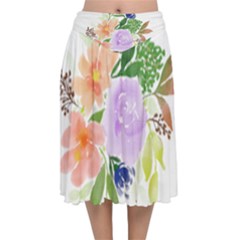 Watercolour Flowers Spring Velvet Flared Midi Skirt