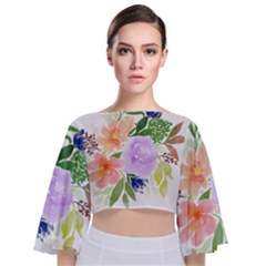 Watercolour Flowers Spring Tie Back Butterfly Sleeve Chiffon Top by Pakrebo