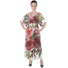 Watercolour Flowers Roses Watercolor V-neck Boho Style Maxi Dress