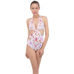 Flowers Watercolor Halter Front Plunge Swimsuit by Pakrebo