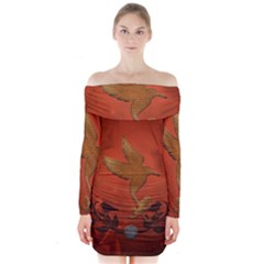 Elegant Decorative Bird Long Sleeve Off Shoulder Dress by FantasyWorld7