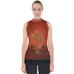 Elegant Decorative Bird Mock Neck Shell Top by FantasyWorld7