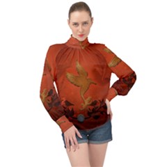 Elegant Decorative Bird High Neck Long Sleeve Chiffon Top