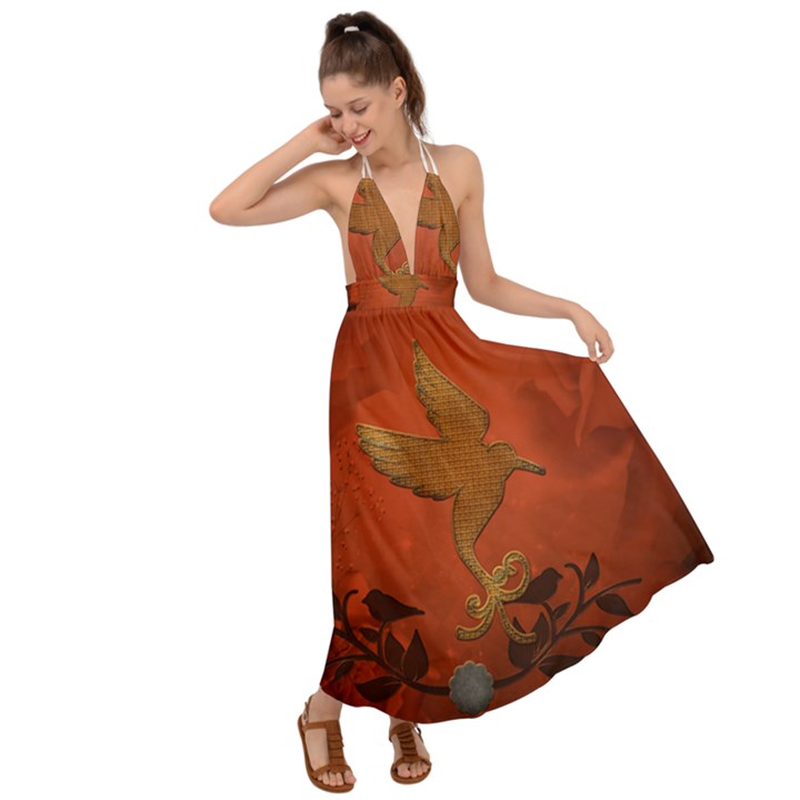 Elegant Decorative Bird Backless Maxi Beach Dress