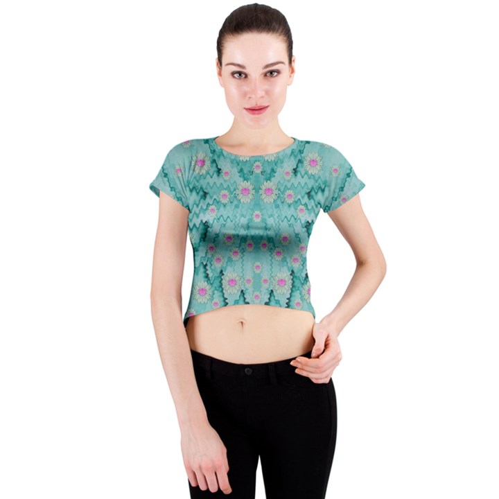 Lotus  Bloom Lagoon Of Soft Warm Clear Peaceful Water Crew Neck Crop Top