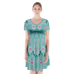 Lotus  Bloom Lagoon Of Soft Warm Clear Peaceful Water Short Sleeve V-neck Flare Dress by pepitasart