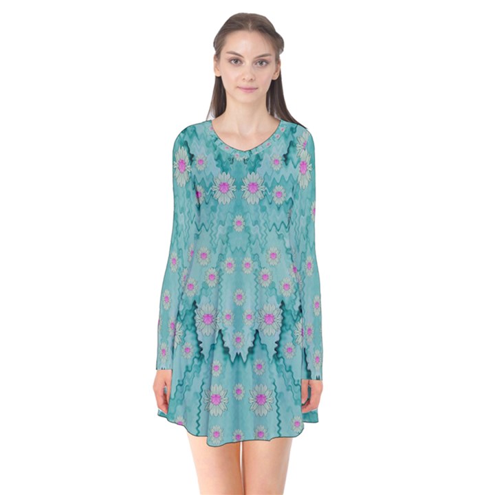 Lotus  Bloom Lagoon Of Soft Warm Clear Peaceful Water Long Sleeve V-neck Flare Dress