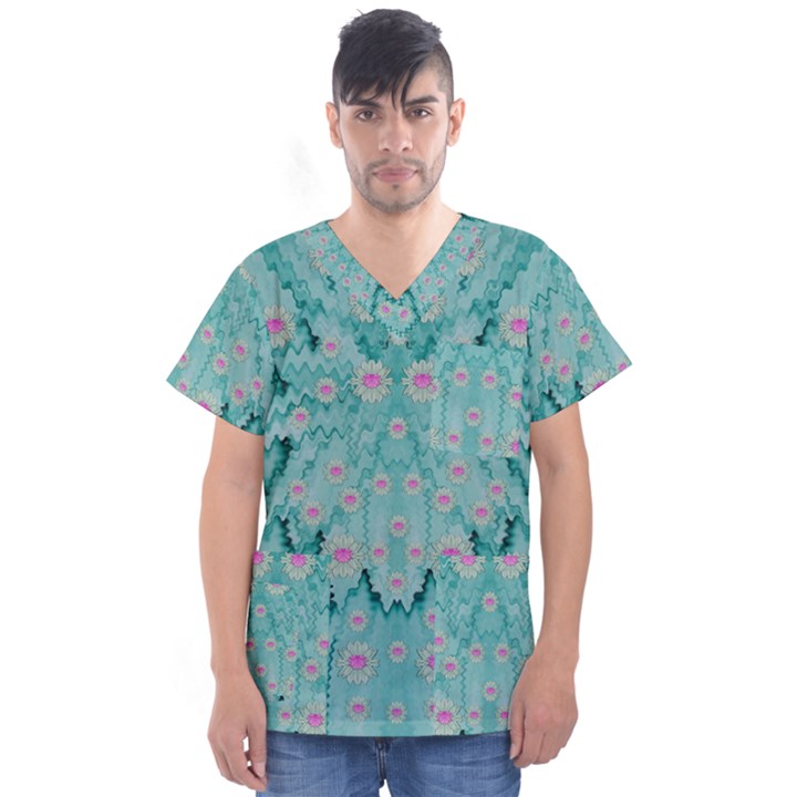 Lotus  Bloom Lagoon Of Soft Warm Clear Peaceful Water Men s V-Neck Scrub Top