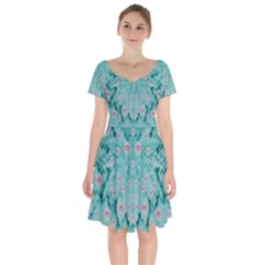 Lotus  Bloom Lagoon Of Soft Warm Clear Peaceful Water Short Sleeve Bardot Dress by pepitasart