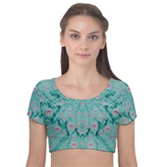 Lotus  Bloom Lagoon Of Soft Warm Clear Peaceful Water Velvet Short Sleeve Crop Top  by pepitasart