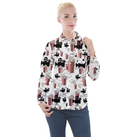 Movies And Popcorn Women s Long Sleeve Pocket Shirt by bloomingvinedesign