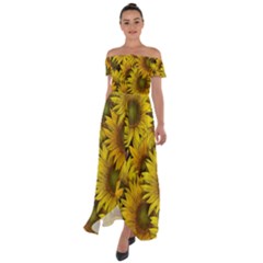 Surreal Sunflowers Off Shoulder Open Front Chiffon Dress