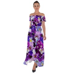 Pretty Purple Pansies Off Shoulder Open Front Chiffon Dress