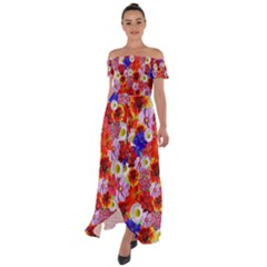 Multicolored Daisies Off Shoulder Open Front Chiffon Dress