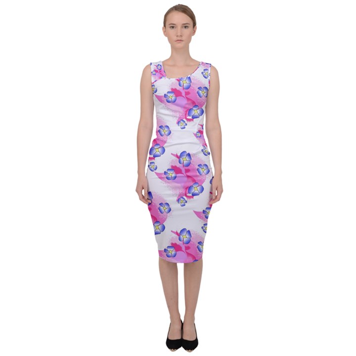 Blue Flowers On Pink Sleeveless Pencil Dress