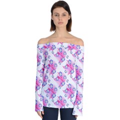 Blue Flowers On Pink Off Shoulder Long Sleeve Top by bloomingvinedesign