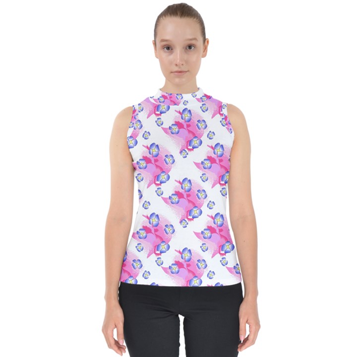 Blue Flowers On Pink Mock Neck Shell Top