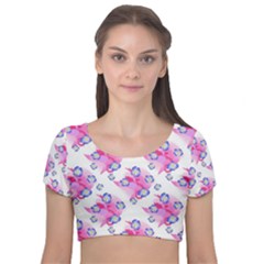 Blue Flowers On Pink Velvet Short Sleeve Crop Top  by bloomingvinedesign