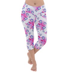 Blue Flowers On Pink Lightweight Velour Capri Yoga Leggings