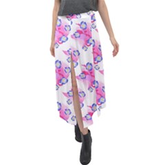 Blue Flowers On Pink Velour Split Maxi Skirt