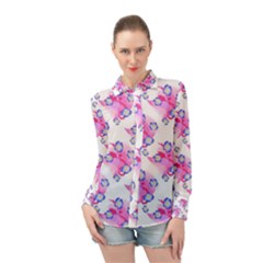 Blue Flowers On Pink Long Sleeve Chiffon Shirt