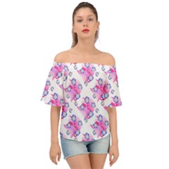 Blue Flowers On Pink Off Shoulder Short Sleeve Top