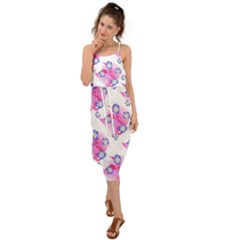 Blue Flowers On Pink Waist Tie Cover Up Chiffon Dress