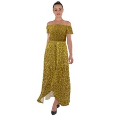 Gold Sparkles Off Shoulder Open Front Chiffon Dress