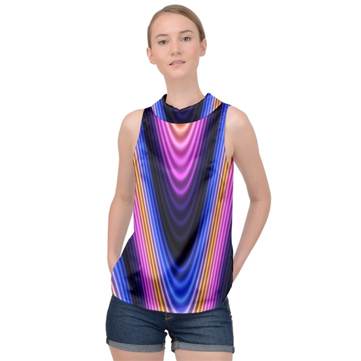 Wave Line Waveform Sound Purple High Neck Satin Top