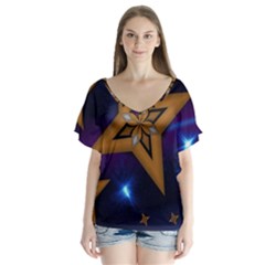 Star Background V-neck Flutter Sleeve Top by HermanTelo