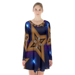 Star Background Long Sleeve Velvet V-neck Dress