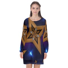 Star Background Long Sleeve Chiffon Shift Dress 