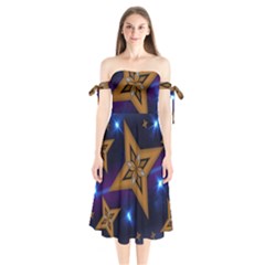 Star Background Shoulder Tie Bardot Midi Dress