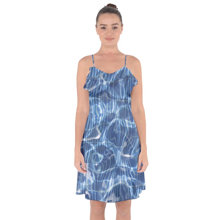 Abstract Blue Diving Fresh Ruffle Detail Chiffon Dress