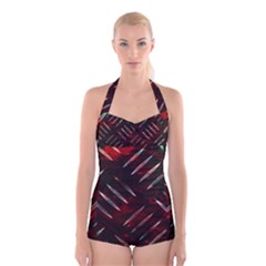 Background Red Metal Boyleg Halter Swimsuit 