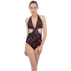 Background Red Metal Halter Front Plunge Swimsuit