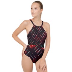 Background Red Metal High Neck One Piece Swimsuit