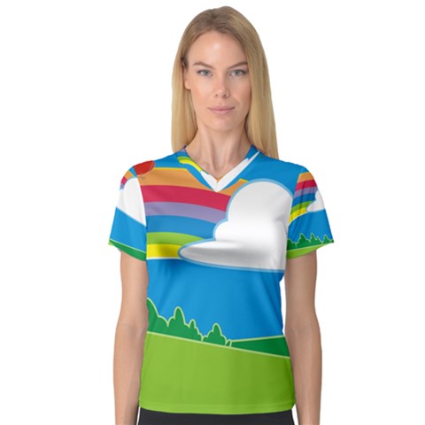 Natural Cloud Field Grass V-neck Sport Mesh Tee by Pakrebo