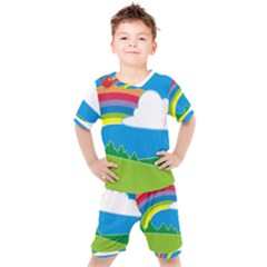 Natural Cloud Field Grass Kids  Tee And Shorts Set