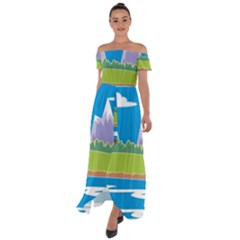 Nature Tree Water Grass Sun Off Shoulder Open Front Chiffon Dress