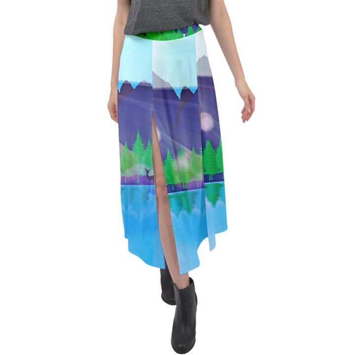 Forest Landscape Pine Trees Forest Velour Split Maxi Skirt