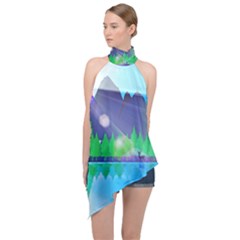 Forest Landscape Pine Trees Forest Halter Asymmetric Satin Top by Pakrebo