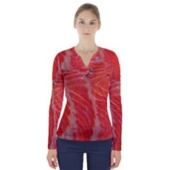 Food Fish Red Trout Salty Natural V-neck Long Sleeve Top by Pakrebo