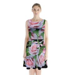 Roses Flowers Ferns Arrangement Sleeveless Waist Tie Chiffon Dress by Pakrebo