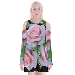 Roses Flowers Ferns Arrangement Velvet Long Sleeve Shoulder Cutout Dress by Pakrebo