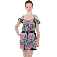 Roses Flowers Ferns Arrangement Ruffle Cut Out Chiffon Playsuit by Pakrebo