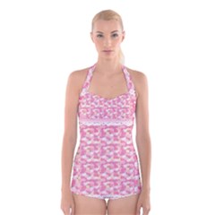 Peony Pattern Pink Scrapbooking Boyleg Halter Swimsuit  by Pakrebo