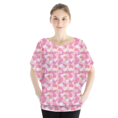 Peony Pattern Pink Scrapbooking Batwing Chiffon Blouse by Pakrebo