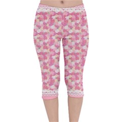 Peony Pattern Pink Scrapbooking Velvet Capri Leggings 