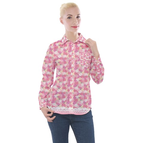 Peony Pattern Pink Scrapbooking Women s Long Sleeve Pocket Shirt by Pakrebo